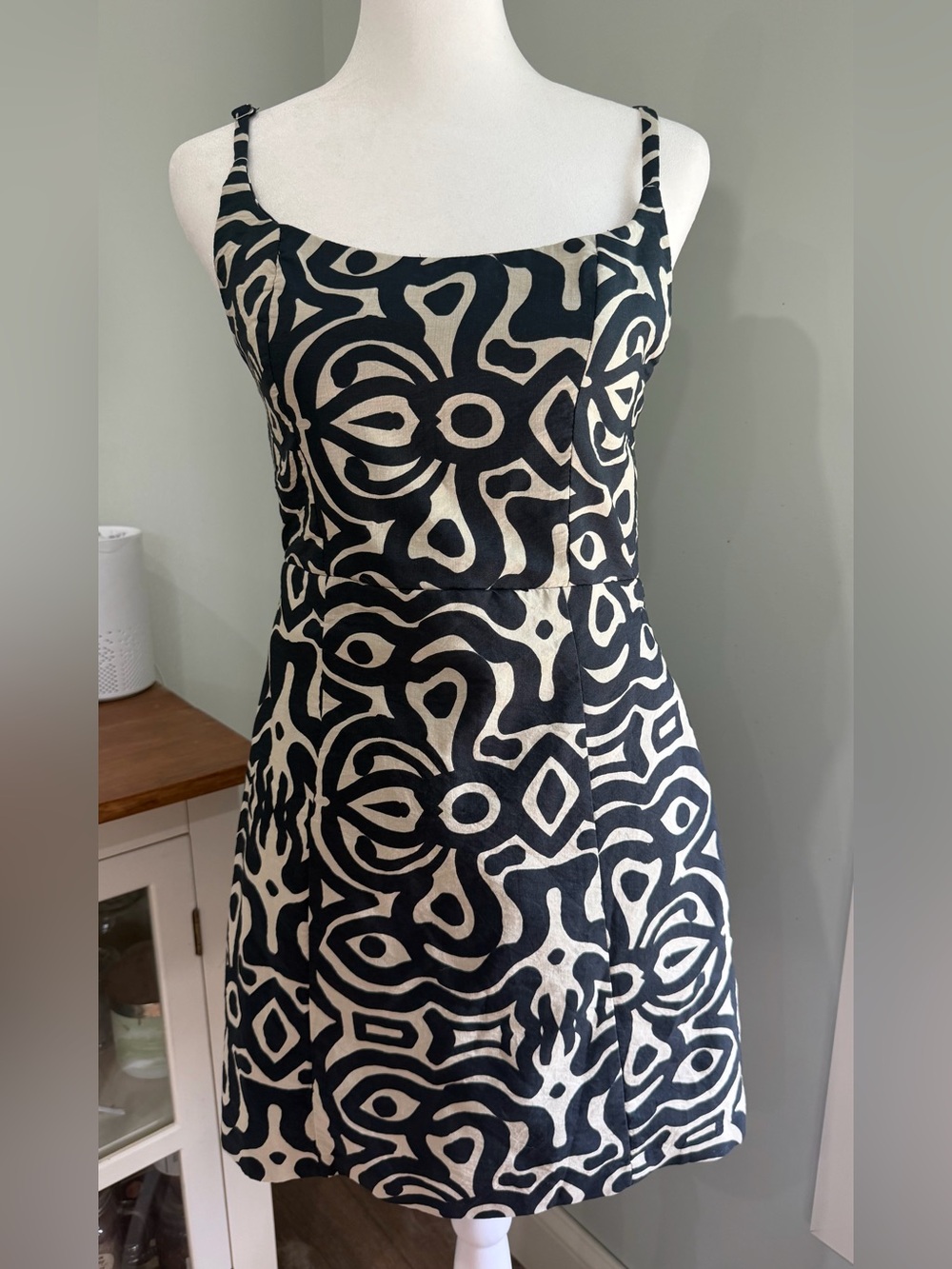Zara Women's Black And Cream Strappy Geometric Mini Dress Size Small